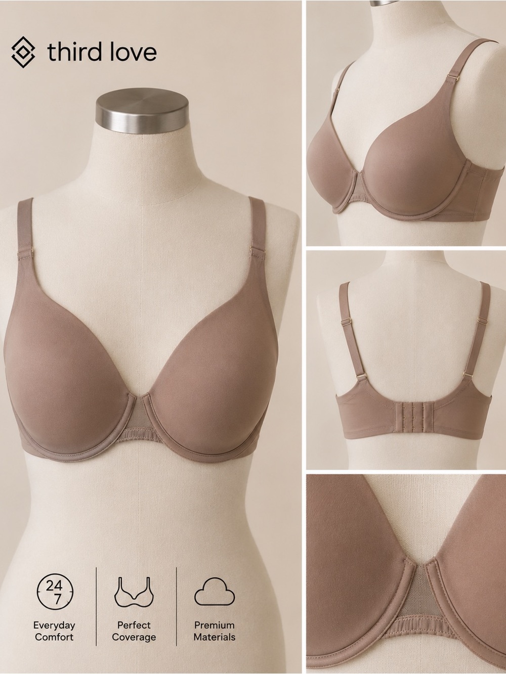 ThirdLove 32F Spacer Bra Nude Taupe Full Coverage Underwire T-Shirt Bra